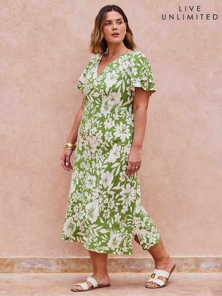 Live Unlimited Green Floral Flutter Sleeve Dress (W38061) | £99