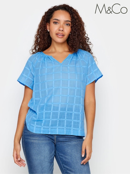 M&Co Blue 100% Cotton Notch Neck Dobby Blouse (W38577) | £25