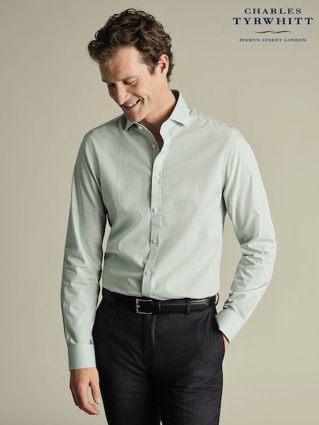 Charles Tyrwhitt Green Slim Fit Slim Fit Non-Iron Cutaway Collar Gingham 100% Cotton Shirt (W38595) | £65