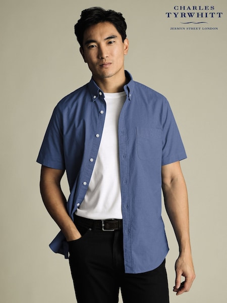 Charles Tyrwhitt Blue Slim Fit Plain Short Sleeve Button-Down Stretch Washed 100% Cotton Oxford Shirt (W38596) | £65