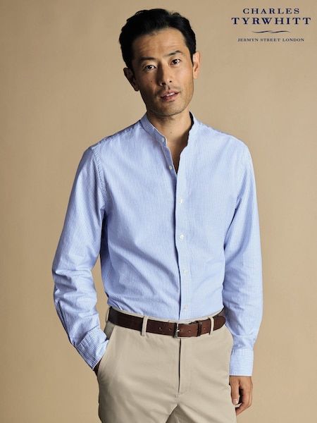 Charles Tyrwhitt Blue Classic Fit Stripe Stretch Washed Oxford Collarless 100% Cotton Shirt (W38604) | £65