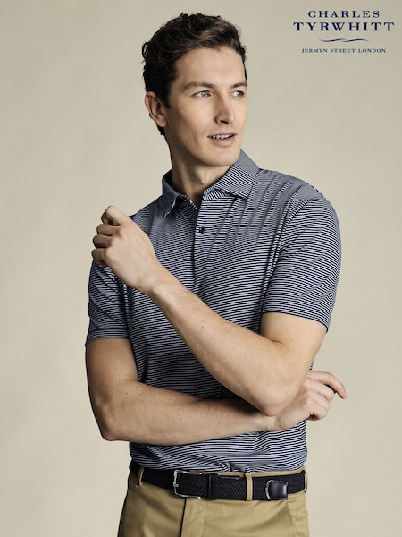 Charles Tyrwhitt Blue 100% Cotton Performance fine Stripe Polo Shirt (W38607) | £65