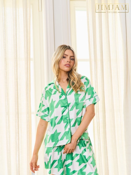 Jim Jam the Label Green Satin Revere Shorts Set With Dogtooth Print (W38671) | £36