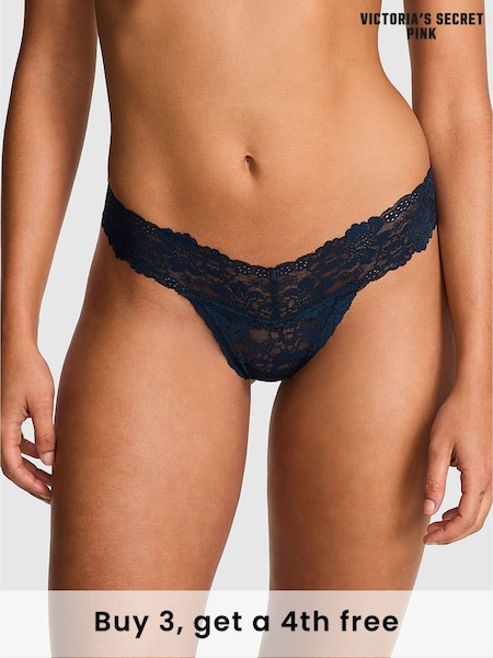 Victoria's Secret PINK Noir Navy Blue Thong Floral Lace Knickers (W39238) | £9