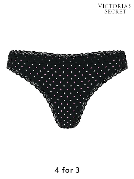 Victoria's Secret Black Dots Thong Cotton Lace Trim Knickers (W39370) | £9