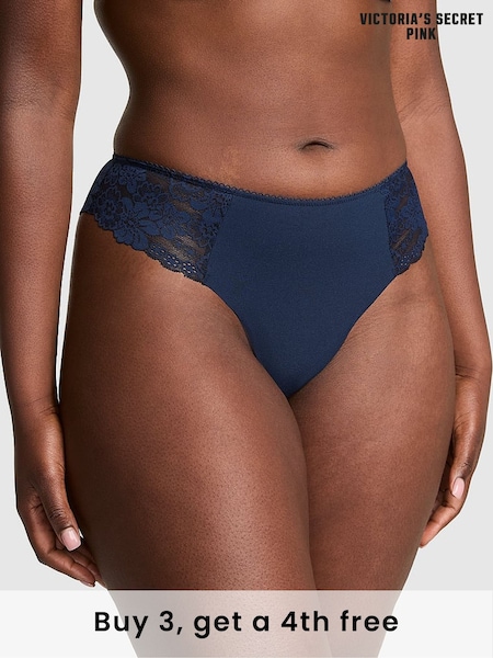 Victoria's Secret PINK Noir Navy Blue Thong No Show Lace Trim Knickers (W39485) | £9