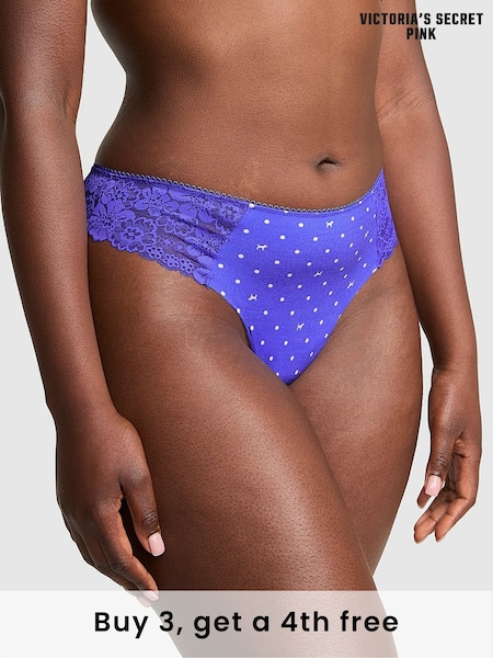 Victoria's Secret PINK Ultra Marine Blue Thong No Show Lace Trim Knickers (W39534) | £9