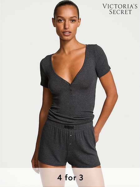 Victoria's Secret Heather Charcoal Grey Modal Rib Henley Short Sleeve Set (W39596) | £39