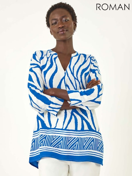 Roman Blue Abstract Print Border Pleat Blouse (W39628) | £36