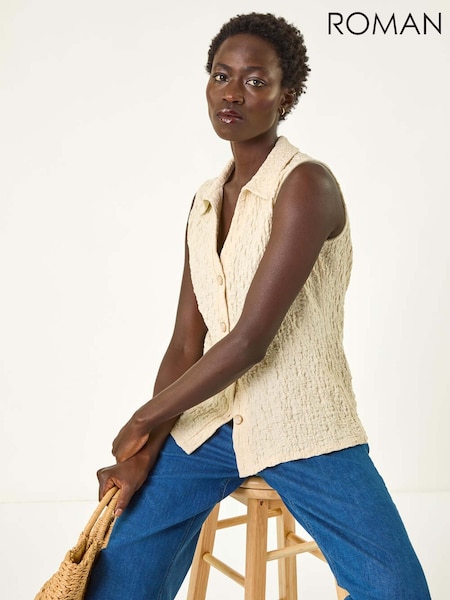 Roman White Textured Sleeveless Buttoned Blouse (W39635) | £42