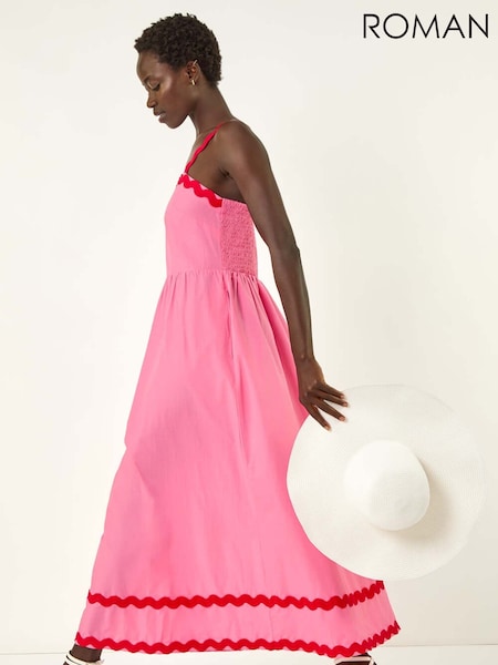 Roman Pink Contrast Ric Rac 100% Cotton Midi Dress (W39645) | £50