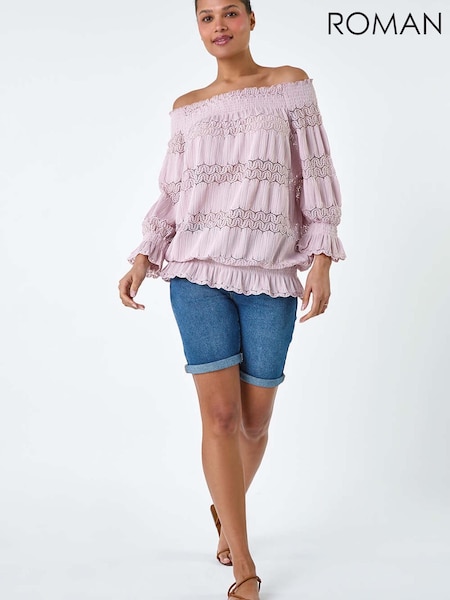 Roman Pink Lace Insert Frill Bardot Top (W39648) | £32