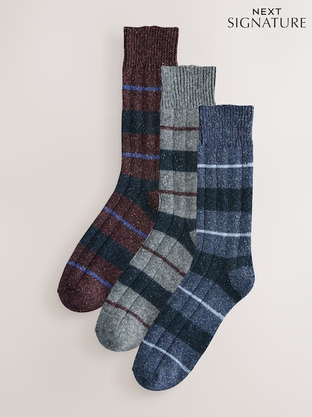 Blue/Grey/Red Striped Signature Thermal Wool Blend Socks 3 Pack (W39707) | £18