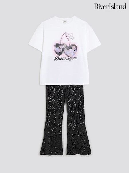 River Island Black Girls Cherry Sequin T-Shirt Kickflare Set (W39866) | £32