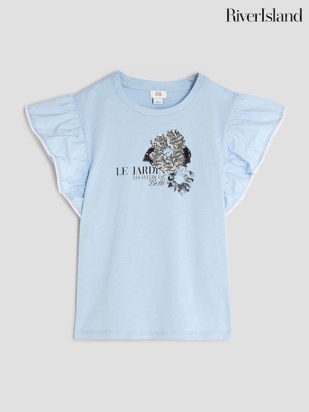 River Island Blue Girls Frill Sleeve Embellished 100% Cotton T-Shirt (W40121) | £18