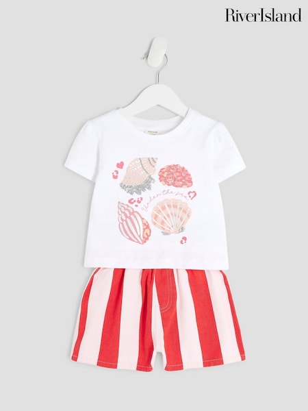 River Island White Girls Shell 100% Cotton Stripe Shorts Set (W40128) | £22