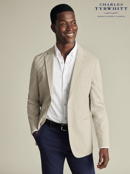 Charles Tyrwhitt Natural Classic Fit Stripe Stretch Washed Oxford Collarless 100% Cotton Jacket (W40219) | £199