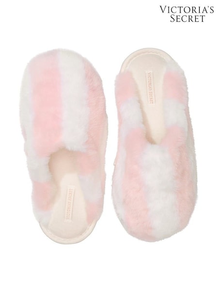 Victoria's Secret Heritage Stripe Pink Closed Toe Faux Fur Slippers (W40241) | £35