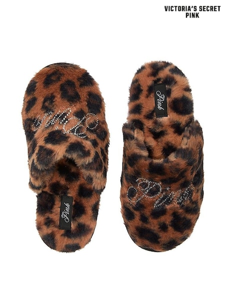 Victoria's Secret PINK Brown Leopard Faux Fur Slippers (W40278) | £29