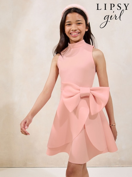 Lipsy Pink Bow Scuba Halter Dress (5-16yrs) (W40408) | £37 - £45