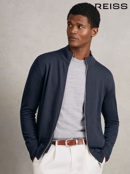 Reiss Midnight Navy Hampshire Merino Wool Zip Through Cardigan (W40417) | £118