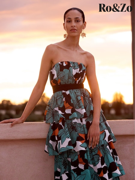 Ro&Zo Blue Claudia Leaf Print Tiered 100% Cotton Dress (W40600) | £199