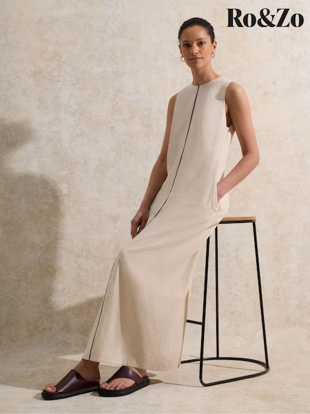 Ro&Zo Cream Linen Blend Piping Detail Midi Dress (W40604) | £109