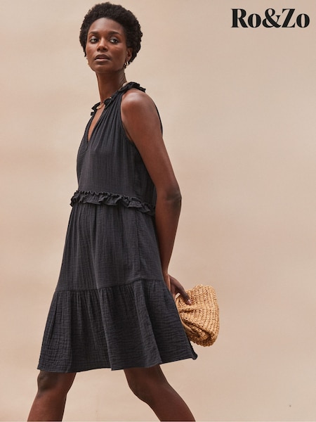 Ro&Zo Black Frill Halter Cheesecloth 100% Cotton Mini Dress (W40605) | £79