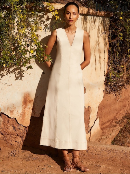 Ro&Zo Cream Denim V-Neck Maxi Dress (W40612) | £119