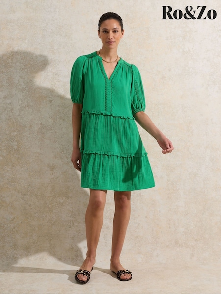Ro&Zo Green Petite 100% Cotton Short Sleeve Cheesecloth Mini Dress (W40634) | £79