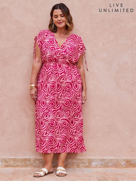 Live Unlimited Pink Curve Abstract Print Gathered Midi Dress (W40702) | £89