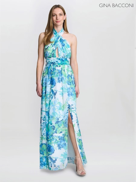 Gina Bacconi Blue Pam Halterneck Dress (W40749) | £220