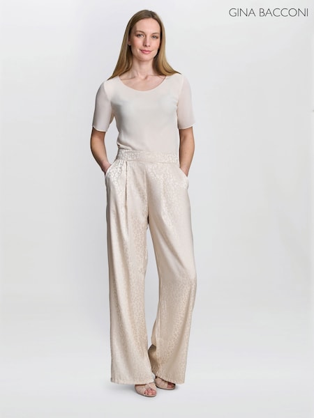 Gina Bacconi Cream Sabine Satin Jacquard Pull-On Trousers (W40757) | £60