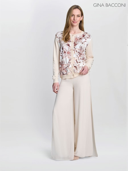 Gina Bacconi Vilma Floral Print Satin Front Brown Cardigan (W40772) | £79