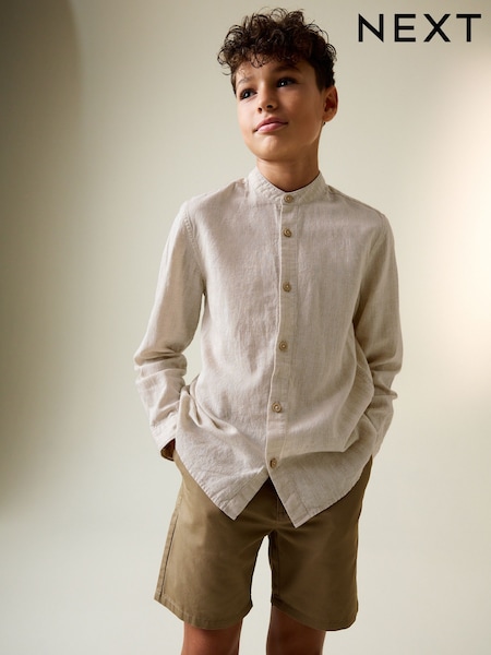 Neutral Grandad Collar Linen Mix Long Sleeve Shirt (3-16yrs) (W40790) | £12 - £17