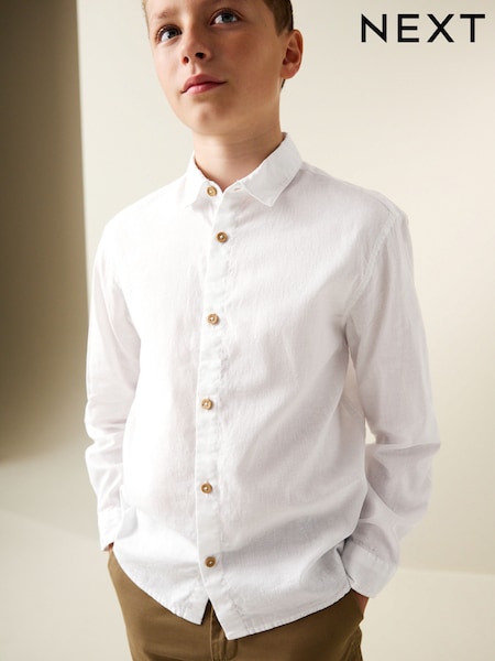 White Long Sleeve Relaxed Linen Blend Shirt (3-16yrs) (W40791) | £14 - £19