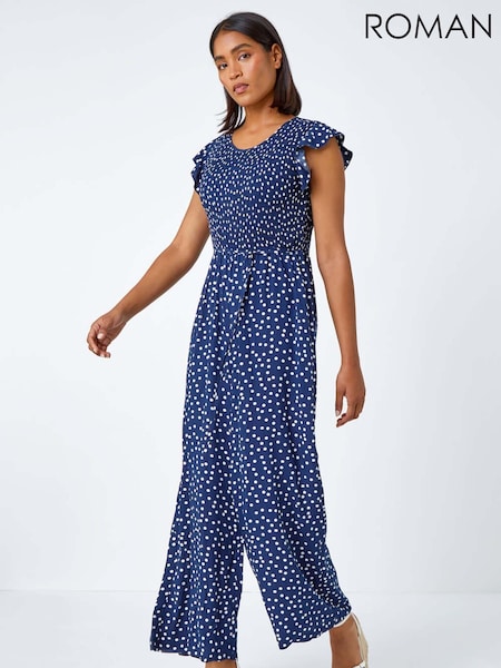 Roman Blue Polka Dot Shirred Jumpsuit (W40835) | £42