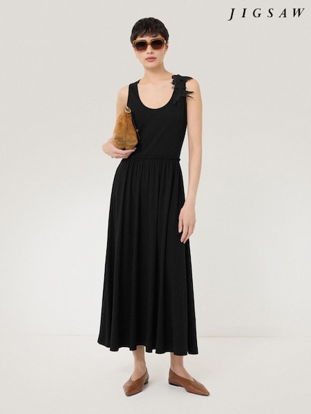 Jigsaw Black Appliqué Jersey 100% Cotton Sundress (W40886) | £145