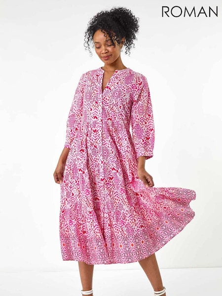 Roman Pink Petite Tiered 100% Cotton Midi Dress (W40925) | £55