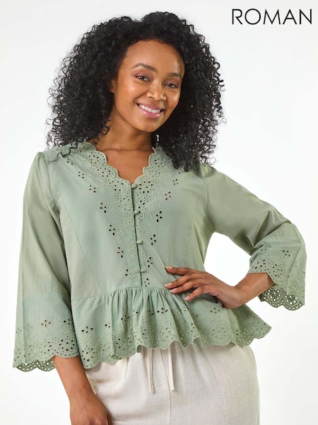 Roman Green Petite Broderie Scallop 100% Cotton Blouse (W40929) | £42