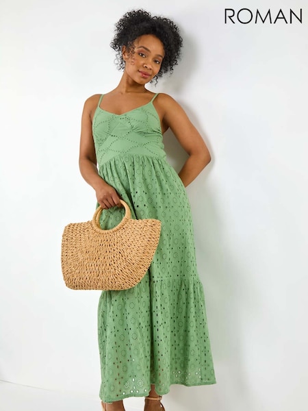 Roman Green Petite 100% Cotton Broderie Strappy Maxi Dress (W40938) | £55