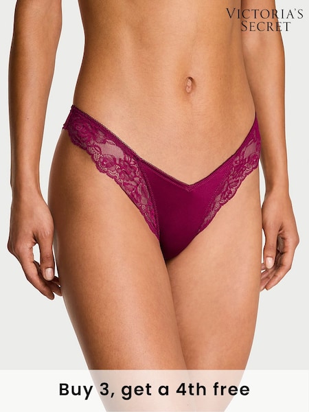 Victoria's Secret Fresh Jam Purple Thong Rose Lace Trim Knickers (W41199) | £14