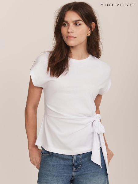 Mint Velvet White Tie Detail 100% Cotton T-Shirt (W41356) | £49