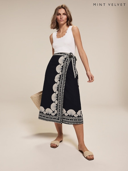 Mint Velvet Blue Shell Print 100% Cotton Sarong Skirt (W41373) | £89