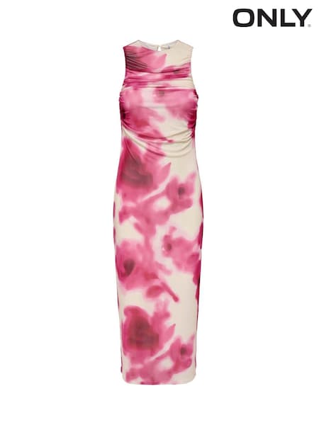ONLY Pink Floral Mesh Ruched Midi Dress (W41444) | £40