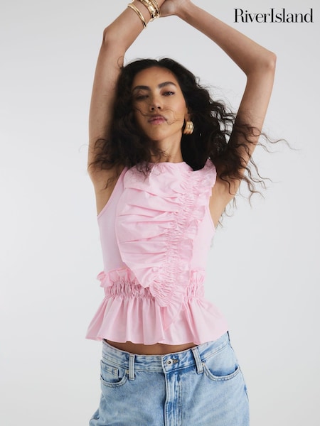 River Island Pink Poplin Mix Frill Top (W41453) | £29