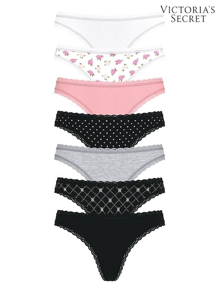 Victoria's Secret White/Pink/Black/Grey Thong 7 Pack Lace Trim Knickers (W41579) | £35