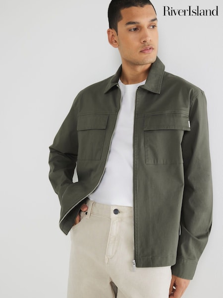 River Island Green Regular Fit Zipped Overshirt (W41661) | £46