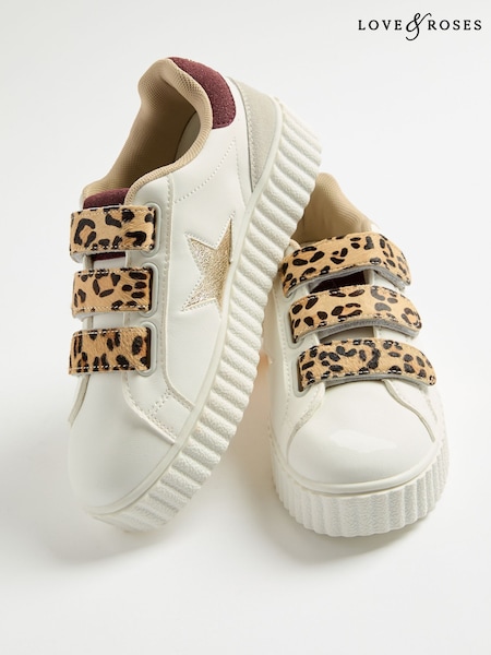 Love & Roses White Leopard Velcro Flatform Retro Comfort Low Top Trainers (W42685) | £49