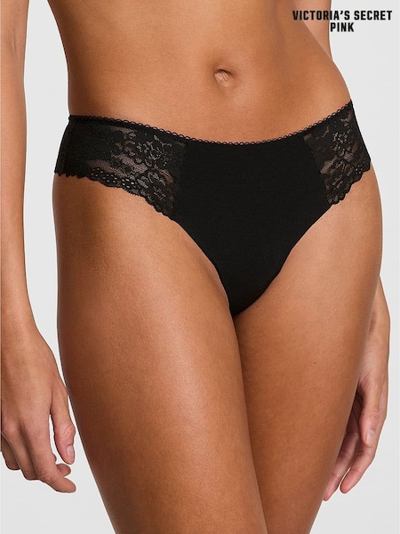 Victoria's Secret PINK Black Thong No Show Lace Trim Knickers (W43098) | £9